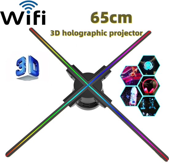Ventilateur d'affichage d'hologramme LED 3D de 65 centimètres XXL - Projecteur - Image animée - Publicité - Utilisation simple - Via application - Carte mémoire 16 GB