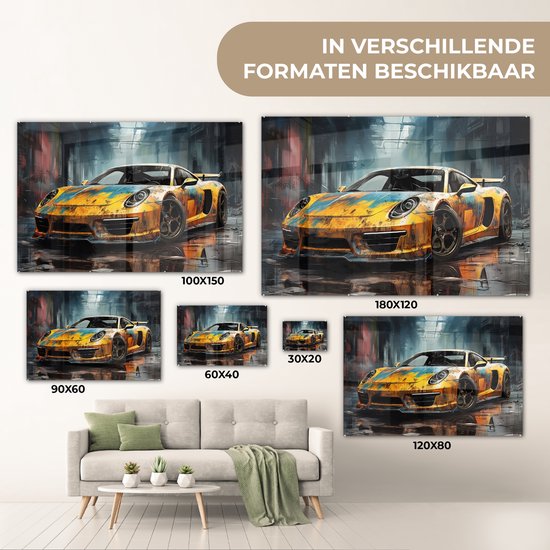 MuchoWow® Glasschilderij 120x80 cm - Schilderij acrylglas - Auto - Geel - Verf - Abstract - Foto op glas - Muurdecoratie woonkamer - Wanddecoratie slaapkamer - Schilderijen
