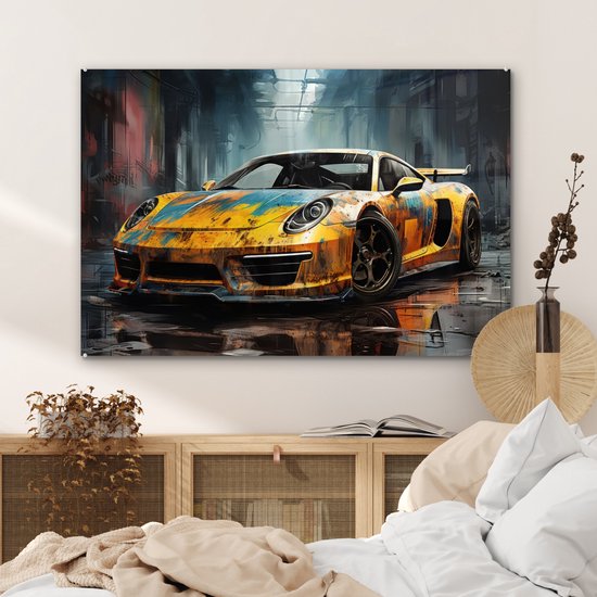 MuchoWow® Glasschilderij 120x80 cm - Schilderij acrylglas - Auto - Geel - Verf - Abstract - Foto op glas - Muurdecoratie woonkamer - Wanddecoratie slaapkamer - Schilderijen