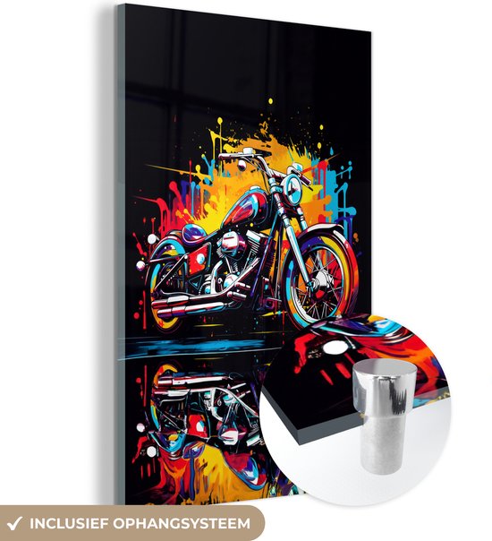MuchoWow® Glasschilderij 80x120 cm - Schilderij glas - Motor - Bike - Graffiti - Neon - Kleuren - Foto op acrylglas - Schilderijen