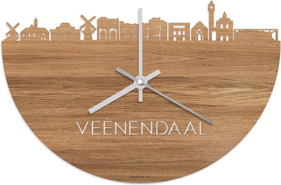 Skyline Klok Veenendaal Eikenhout - Ø 40 cm - Stil uurwerk - Wanddecoratie - Meer steden beschikbaar - Woonkamer idee - Woondecoratie - City Art - Steden kunst - Cadeau voor hem - Cadeau voor haar - Jubileum - Trouwerij - Housewarming -