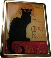Zeer chique luxe Sigarettendoos messing verguld, met afbeelding zwarte kat affiche Steinlen Paris, met golvende achterkant
