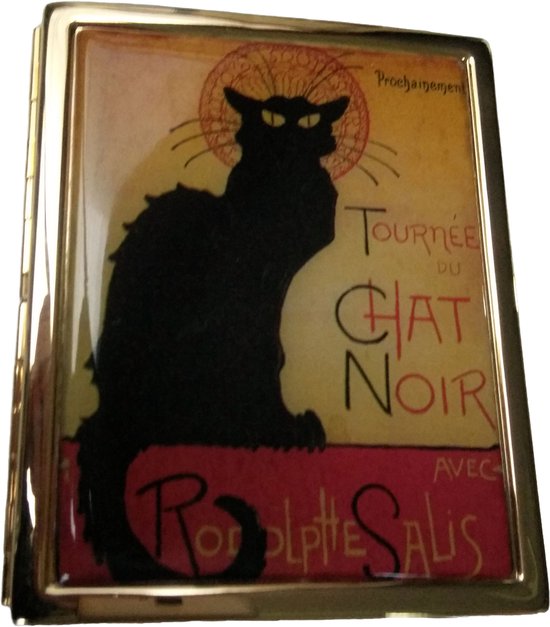 Zeer chique luxe Sigarettendoos messing verguld, met afbeelding zwarte kat affiche Steinlen Paris, met golvende achterkant