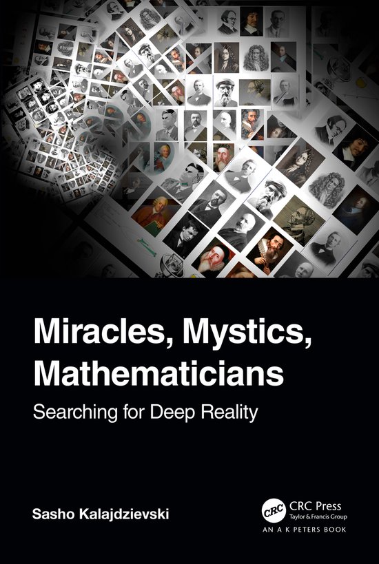 Couverture du livre "Miracles, Mystics, Mathematicians" avec une mosaïque de portraits de personnages historiques.