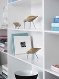 Houten vogelfiguren met lichtblauwe pootjes op een witte boekenplank.