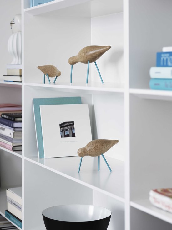 Houten vogelfiguren met lichtblauwe pootjes op een witte boekenplank.