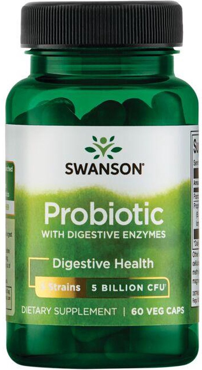 Swanson - biotica supplementen met Digestive Enzymes - Probiotisch mengsel (B. lactis, L. acidophilus, B. longum, L. lactis, L. rhamnosus) (5 miljard CFU†) - 60 Vegan Capsules