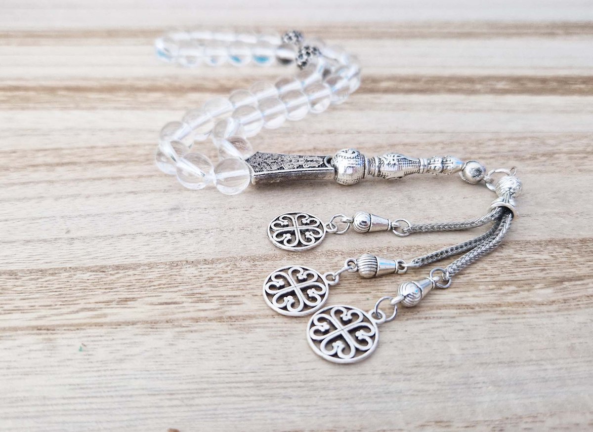 Handgemaakte tasbih 33 Kralen Natuursteen “Bergkristal ” – Tasbeeh 10 mm diameter van de korrel met tassel “model8