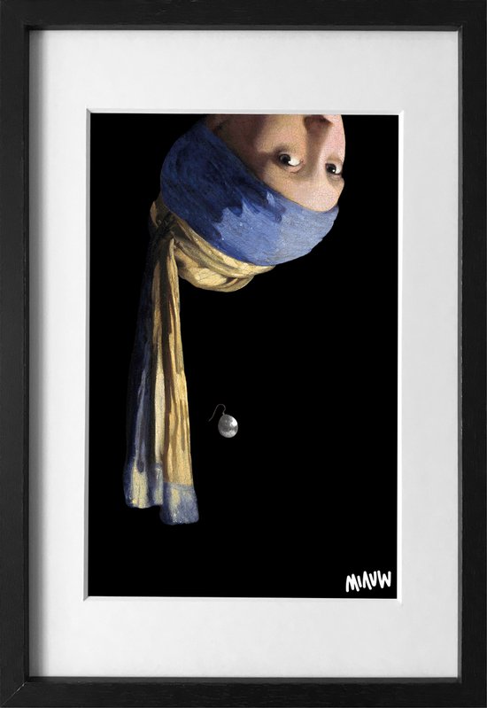 Vermeer Meisje met de Parel Ondersteboven - ingelijst met passe-partout - giclée print gesigneerd - zwart - 20x30cm