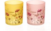 HBX Living Theelichthouder Medulin met bloemen dessin dia7x8,2cm 2 assorti geel of roze