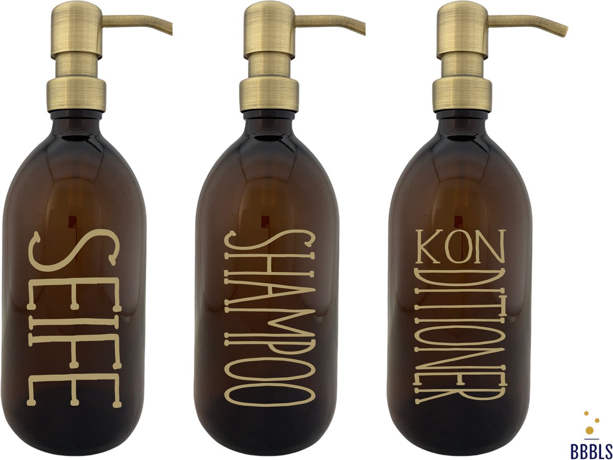 BBBLS® Design Dispenser Giftset "Seife Shampoo Konditioner" | Bruin Glas | 500ml | RVS / Metaal Pomp Goud | Zeeppomp | Zeepdispenser | Zeephouder