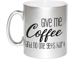 Zilveren give me coffee cadeau mok / beker - 330 ml - keramiek - koffiemok voor de koffieliefhebber