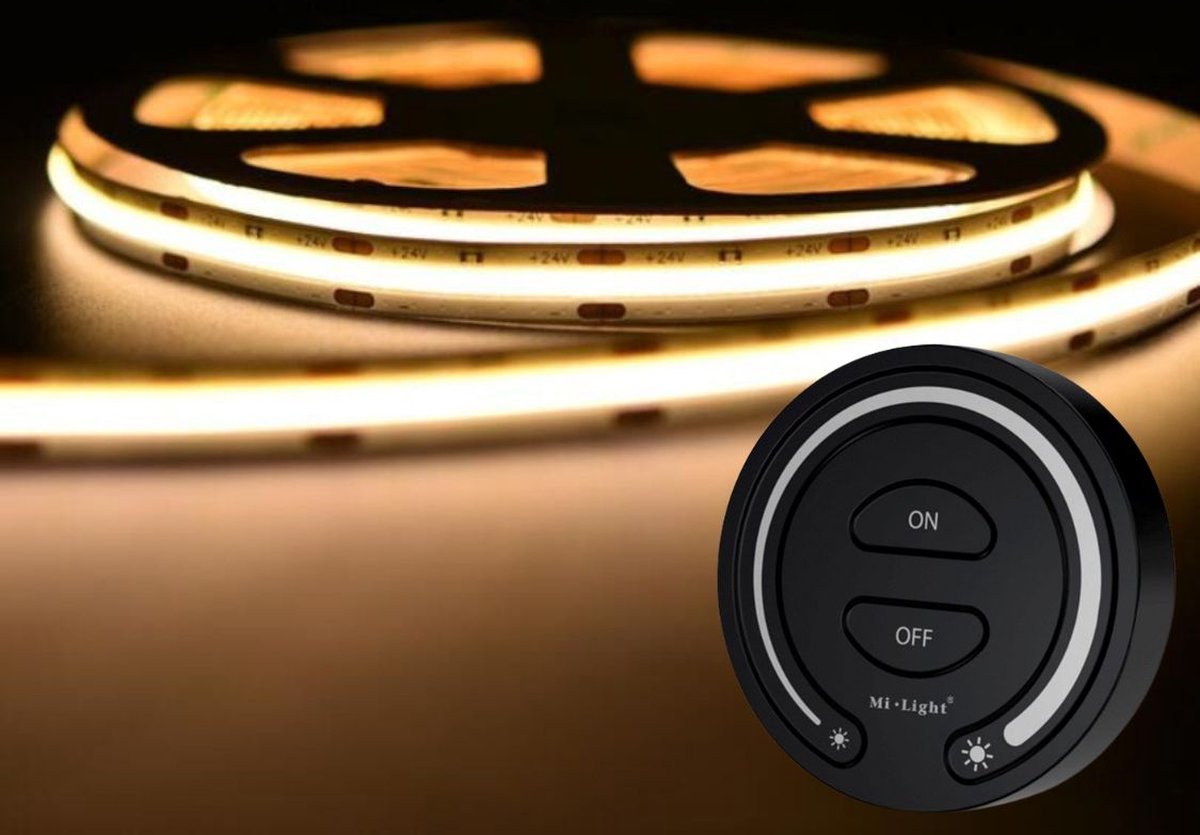 LED Strip COB - 10 Meter - Complete Set - 2700k - Warm Wit - 24V - 480LED/m - Met Draadloze Mi-Light(MiBoxer) Touch Wandbediening(Zwart)