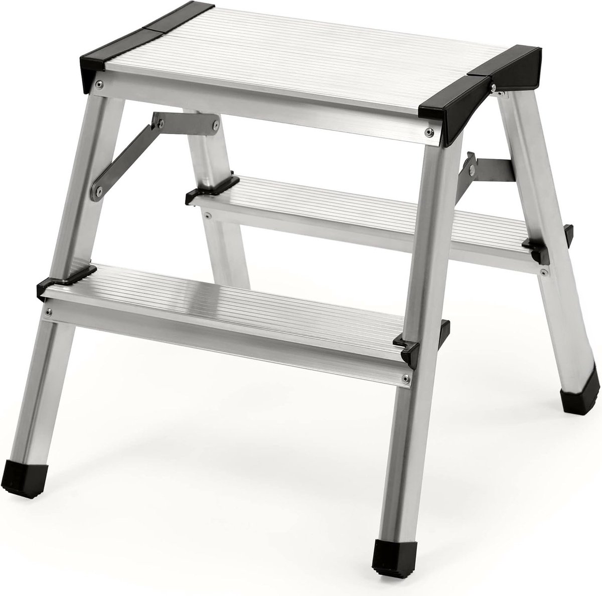 Trapladder van aluminium, 2 treden, vouwtrap tot 125 kg, trapladder met antislipniveaus, staande ladder, aluminium ladder, opstapkruk, vouwladder