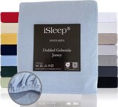 iSleep Dubbel Gebreide Jersey Hoeslaken - Eenpersoons - 90/100x220 cm - Licht Blauw