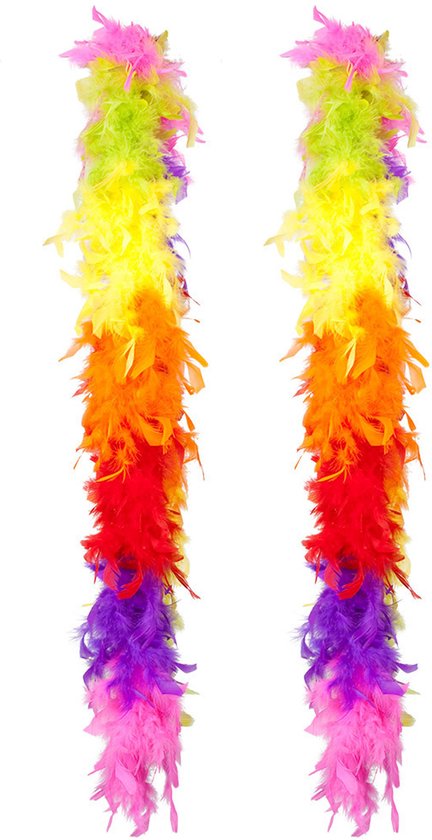 Toppers - Boland Carnaval verkleed boa met veren - 2x - regenboog kleuren - 180 cm - 50 gram - Pride thema - verkleed accessoires