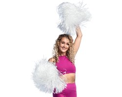 Boland Cheerballs/pompoms - 2x - wit - met franjes en ring handgreep - 28 cm - voor cheerleaders