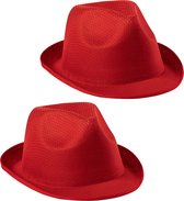Carnaval verkleed trilby hoedje - 2x - rood - polyester - volwassenen/heren/dames