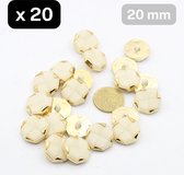20 boutons en nylon métallisé, taille 20 mm, sur pied, bord doré, incrustation blanche