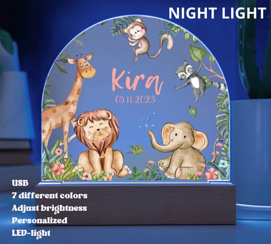 Chloris - GEPERSONALISEERD - Kindernachtkastje lamp + USB kabel met schattige jungle dierenvriendjes voor in de kinderkamer - gepersonaliseerd, babycadeau geboorte, geboortekaartje, geboortebord, verjaardagscadeau plaat