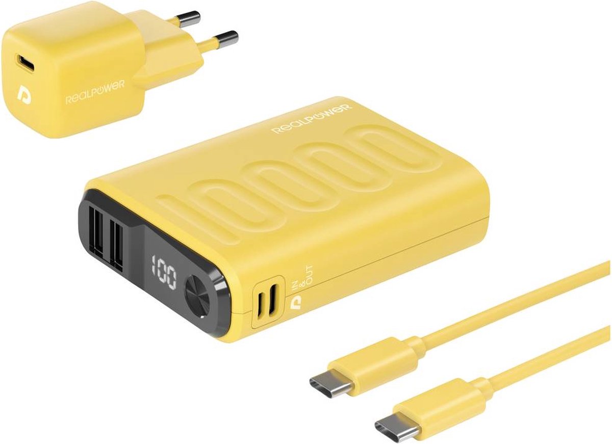 RealPower PB-10000 PD+ Powerpack - compacte 10.000 mAh powerbank - 1 x USB-C PD fast charge 2 x USB-A - nano USB-C PD 20W wandlader - USB-C naar USB-C kabel - Geel