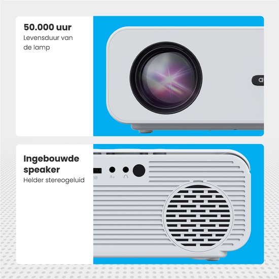 Wit projectormodel met lens aan de voorzijde en een ingebouwde speaker aan de achterzijde.