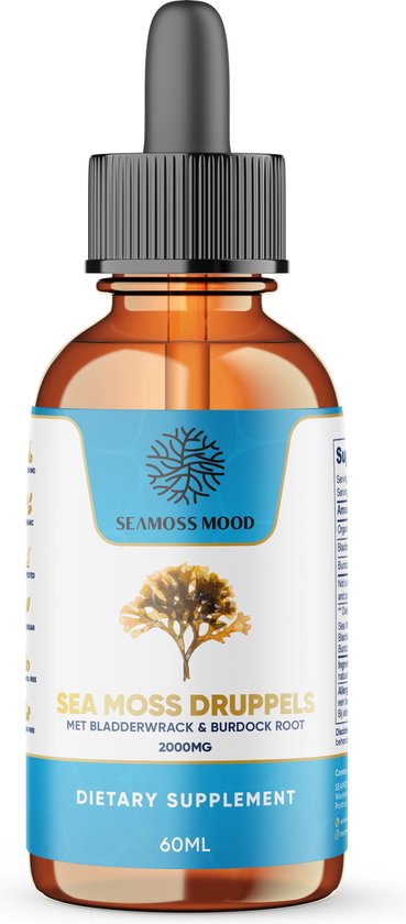 Bruine druppelfles met etiket met SeaMossMood logo en een afbeelding van zeewier.