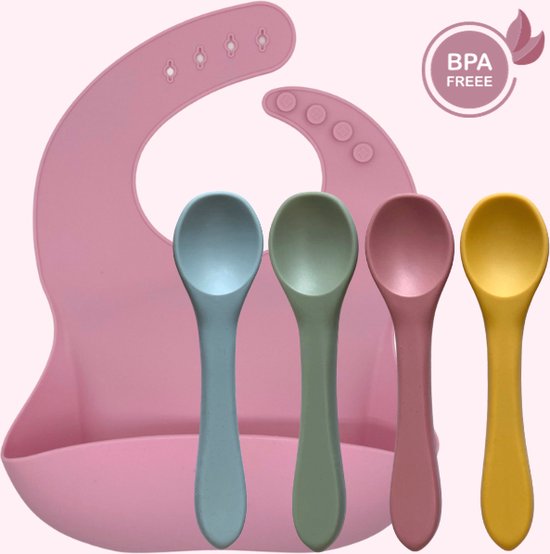 green-goose® Babylepels (4 Stuks) met Slabbetje | Roze | Duurzaam Siliconen | Verstelbaar Slabbetje | BPA Vrij