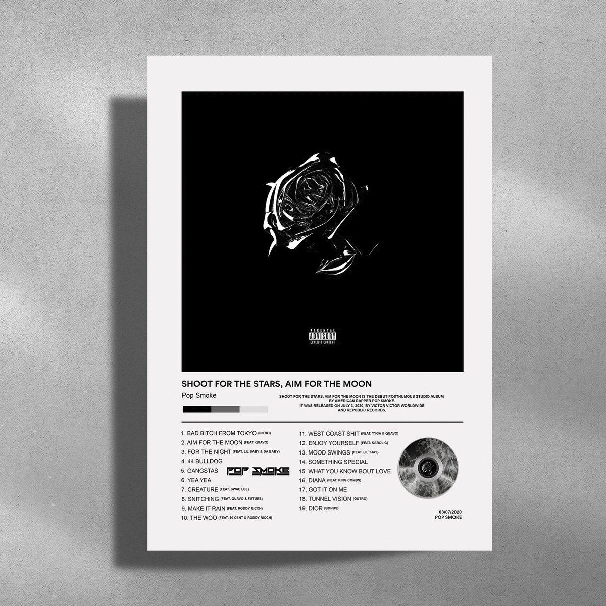 Luxe poster Pop Smoke - Metalen poster 30x40cm - Shoot for the stars, aim for the moon Zwart