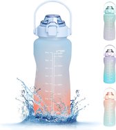 Waterfles van 2,2 l met rietje. Sportwaterfles met tijdmarkering, waterfles met handvat, lekbestendige Tritan-drinkfles, BPA-vrij voor fitness en buitensporten (Blauw)
