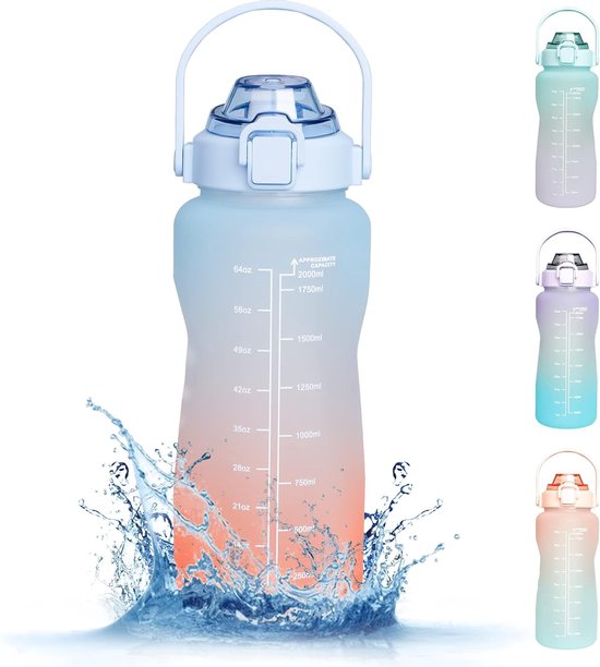 KollyKolla Drinkfles, 1 l, motiverende drinkfles met rietje, sportwaterfles met tijdweergave, drinkfles voor volwassenen, fiets, reizen