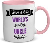 Akyol - world's greatest uncle koffiemok - theemok - roze - Oom - een oom - verjaardagscadeau - cadeau voor oom - kado - 350 ML inhoud