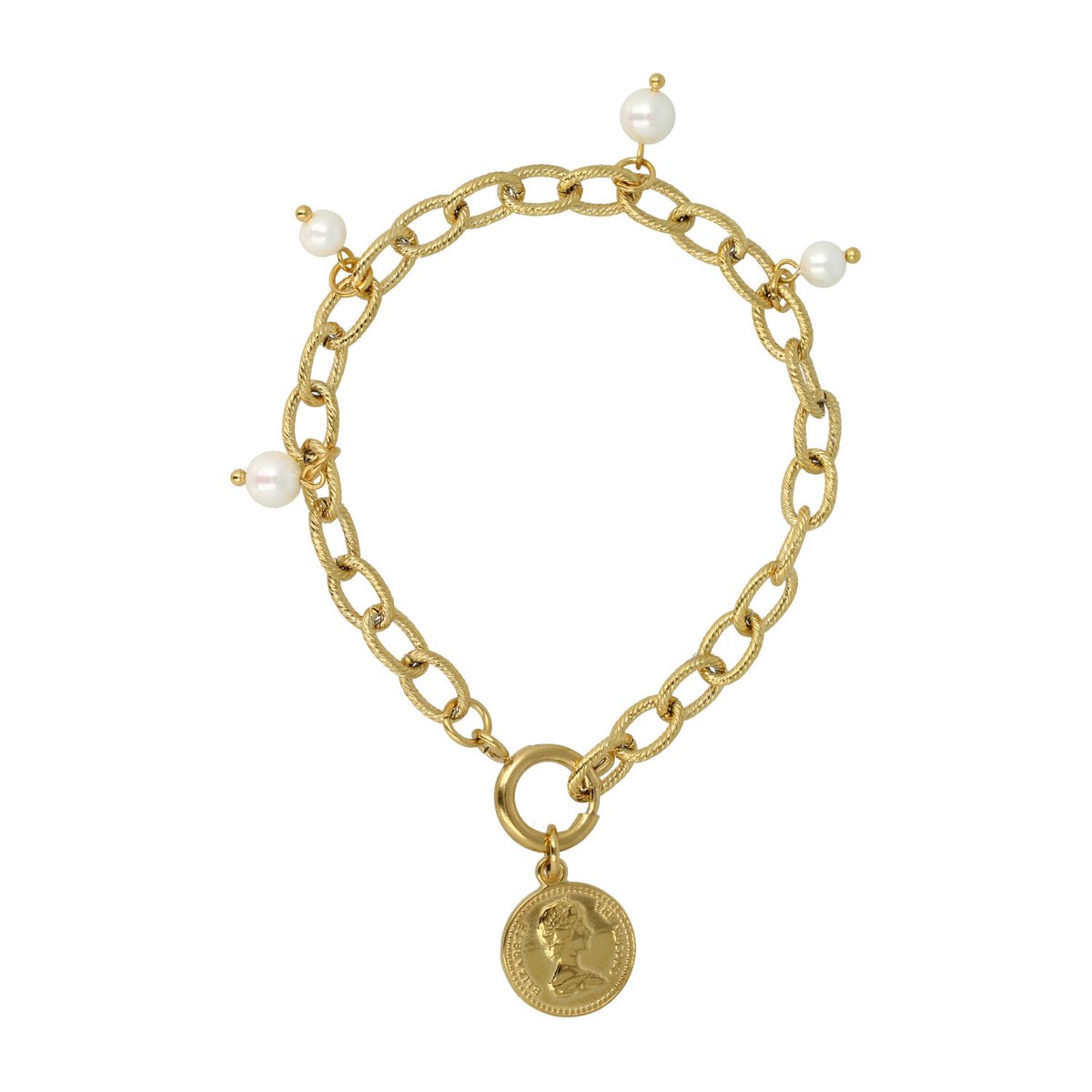My Bendel - Schakelarmband Goudkleurig met Muntbedel en Witte Parel - Goudkleurige Schakelarmband met Parelmoer Kralen - met Luxe Cadeauverpakking | Sieraden Voor Dames