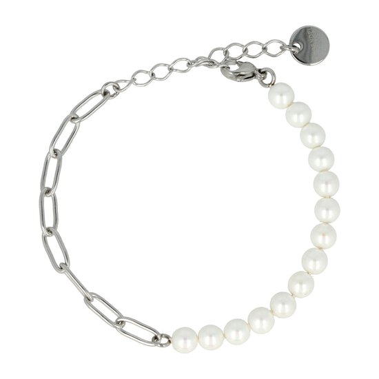 My Bendel - Zilveren schakelarmband met White Pearl edelstenen - Combinatie van een zilveren schakelarmband met White Pearledelstenen - Met luxe cadeauverpakking