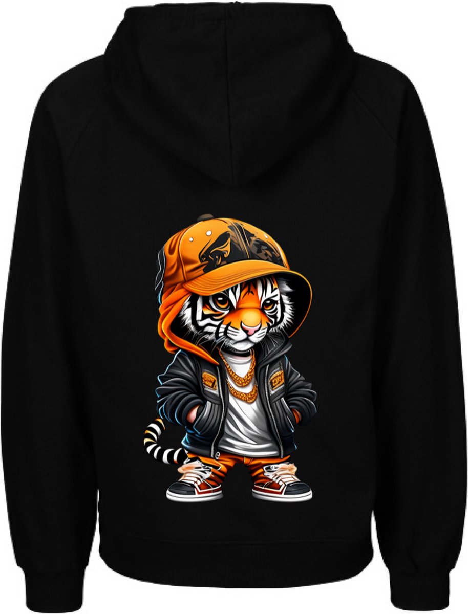 Hoodie jongen meisje-Hoodie met vrolijke print-Zwart-Tijger-Maat 86/92