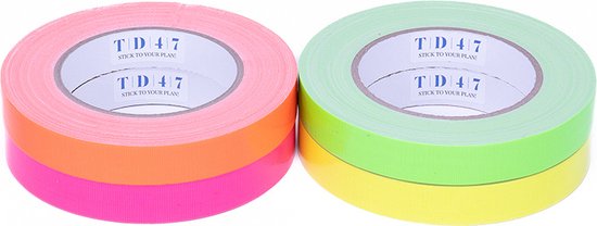 Twee rollen gaffa tape: één roze met oranje rand en één lichtgroene met gele rand.