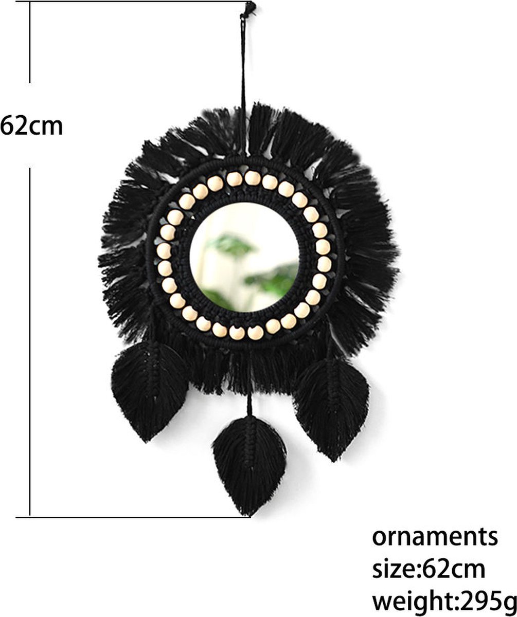Macramé Spiegel | Handgemaakt | Hoogwaardige kwaliteit | Wandspiegel | Kraaltjes | Veren | Zwart