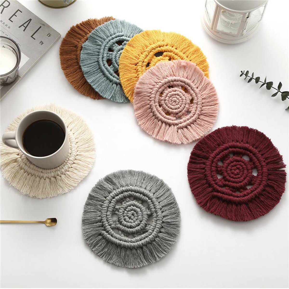 Macrame Onderzetter voor Glazen - Kaarsenhouder - 15 bij 15 cm - Grijs