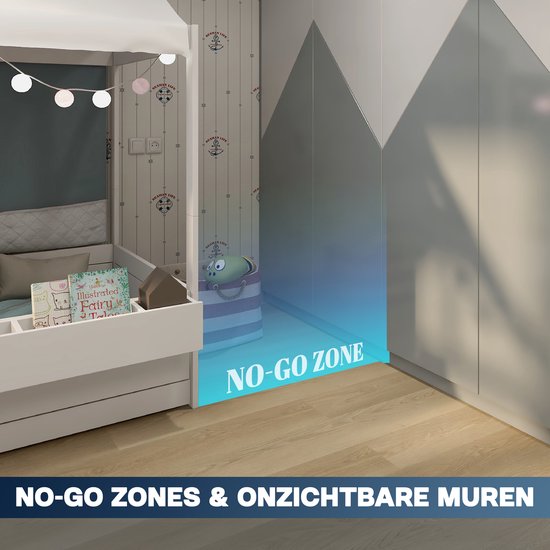 Zwarte robotstofzuiger Tjilla C150 in kinderkamer. "NO-GO ZONES & ONZICHTBARE MUREN".
