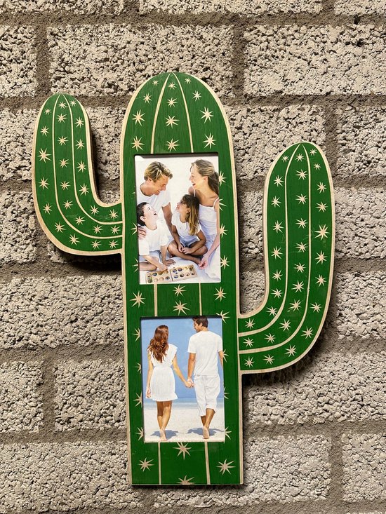Decoratieve Wand Fotolijst Cactus - voor 2 foto's - hout + donker groen - hoogte 45 x 32 x 1 cm - Geschikt voor 2x 10x15 cm - Met ophanghaakjes - Decoratielijst - Woonaccessoires