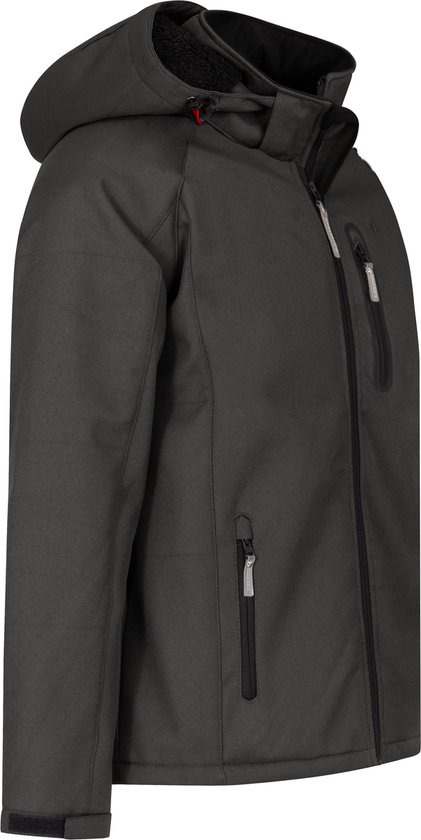 Donkergrijze softshell herenjas met capuchon, ritszakken en fleece voering, zijaanzicht.