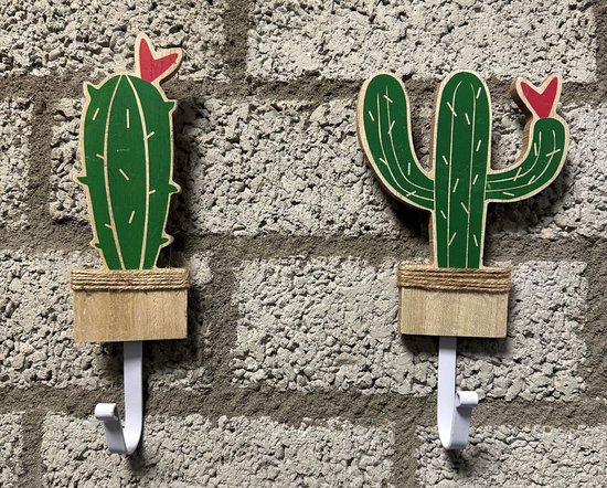 Decoratieve houten wandhaak "cactus" - Set van 2 stuks - Houtkleurig + groen - hoogte 24 x 6.5 x 1 cm - Woonaccessoires - Wandhaken - Cactus