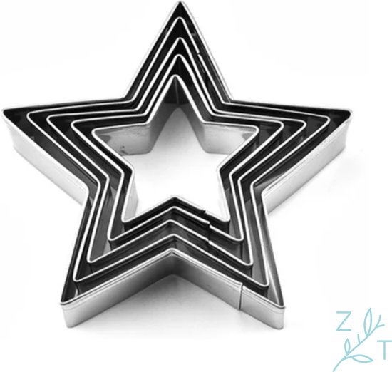ZijTak - Ster uitsteekvorm - Cookie cutter - Uitsteker - Koekjes - Deeg - Fondant voor Cake - Kinderbrooduitsnijders - Gebak - Brood - Toast - Groenten - Fruit - Kerst - Kerstmis - Christmas - Star - Winter - Bakken - Koekjes- RVS - 5-delig