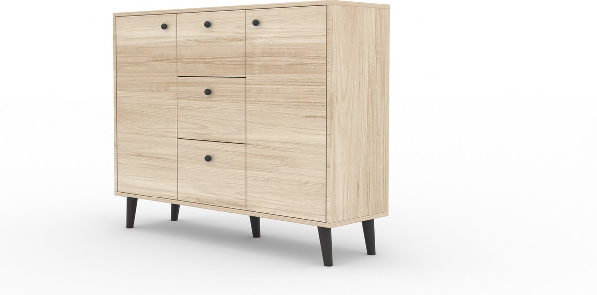 Maxi Huis BESA ladekast Hoge poten Drie lades Planken 120 cm Sonoma + Zwarte accessoires