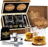 Whisiskey Set de Whisky de Luxe - Incl. 2 Verres à whisky, 4 pierres à whisky, 2 Sous-verres, sac de rangement en velours, Opbergbox - Boîte cadeau à Whisky - Glas - Glaçons réutilisables - Cadeau pour homme et femme