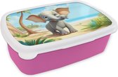 Broodtrommel Roze - Lunchbox Olifant - Strand - Dieren - Meisjes - Kind - Brooddoos 18x12x6 cm - Brood lunch box - Broodtrommels voor kinderen en volwassenen