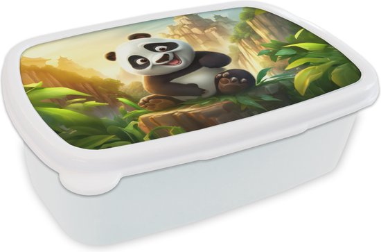 Broodtrommel Wit - Lunchbox Panda - Wilde dieren - Jungle - Jongens - Kinderen - Brooddoos 18x12x6 cm - Brood lunch box - Broodtrommels voor kinderen en volwassenen