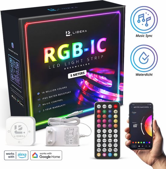 Lideka® Slimme RGBIC Dreamcolor LED Strip - 5 Meter - Helderste Verlichtingsoplossing met 16 Miljoen Kleuren en Muziekoptie - Compatibel met Google en Alexa - Inclusief Afstandsbediening, Zelfklevende Tape en Sterke 3M Tape - Moederdag cadeautje