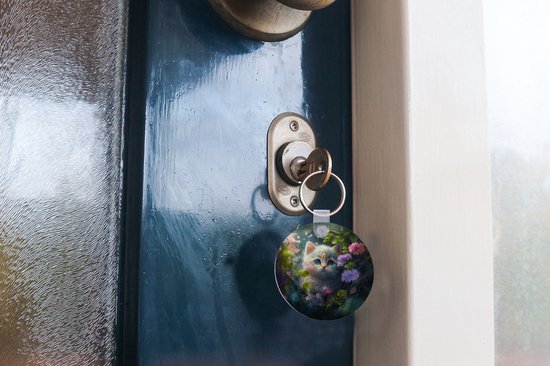 Porte-clés rond - Chat avec fleurs - Porte-clés en plastique - Cadeaux filles - Cadeaux filles - Gâterie pour Chats