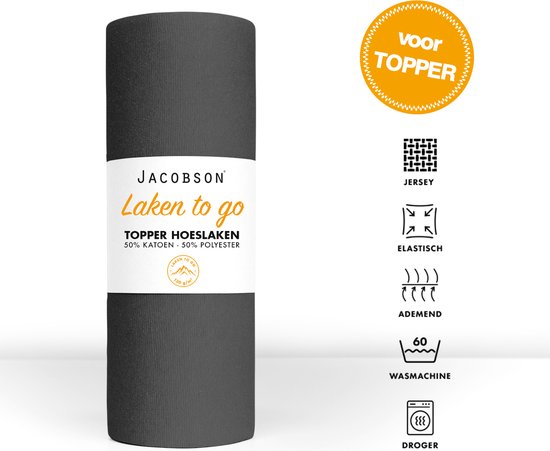 Jacobson - Hoeslaken Topper - 180x200cm - Jersey Katoen - tot 12cm matrasdikte - Antraciet - JACOBSON